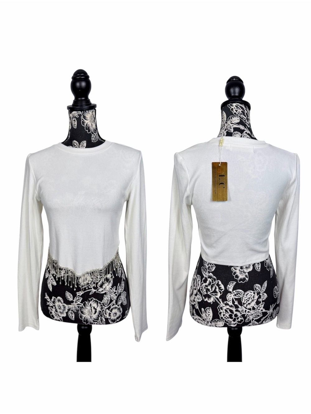 NWT LC Lizette Collection white rhinestone fringe crop top size XL